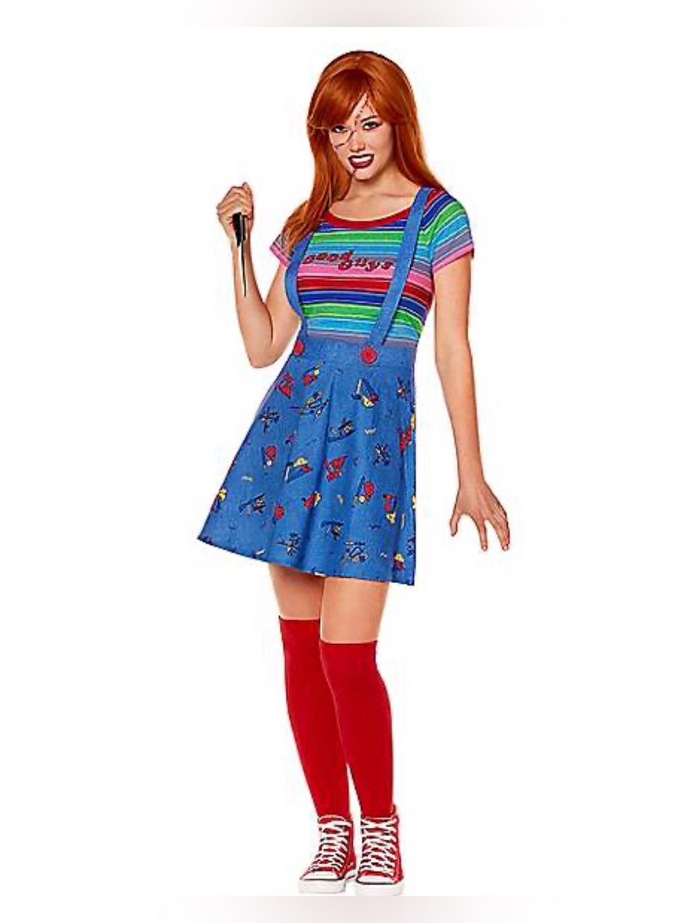 Chucky Halloween Costume Blue Suspender Skirt Dress with Striped Top